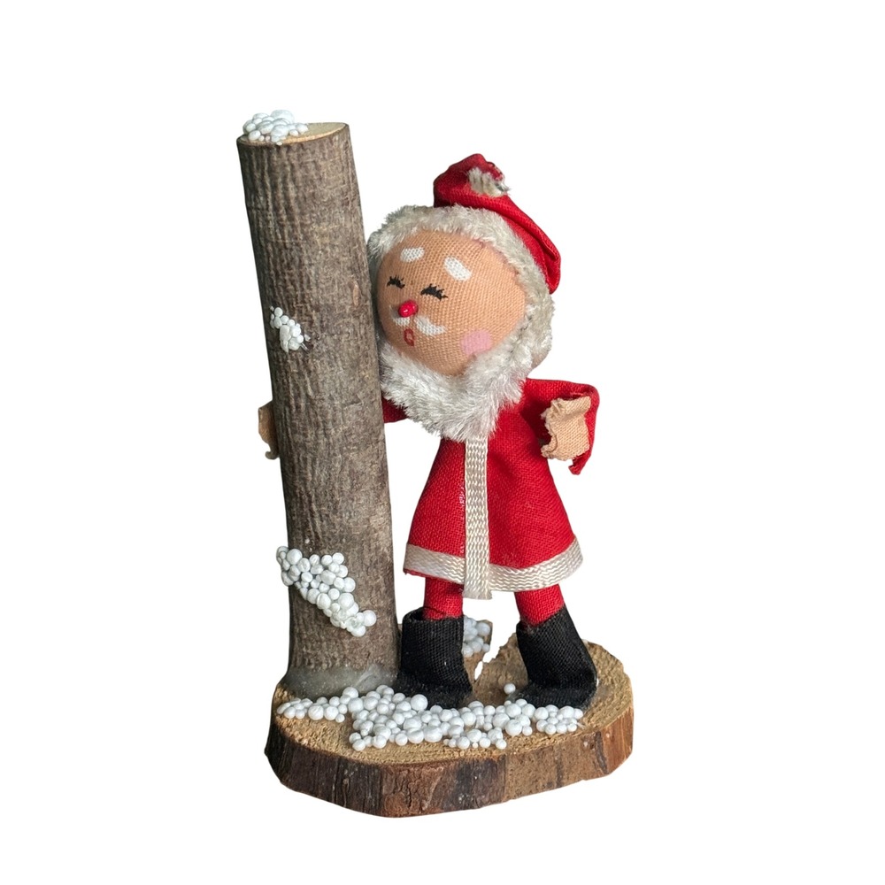 Vintage‎ Christmas Santa Claus Figurine Fabric Face Wood Log Base Rustic Decor